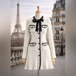 Self Portrait Chic White Ribbed Knit Dress with Black Trim